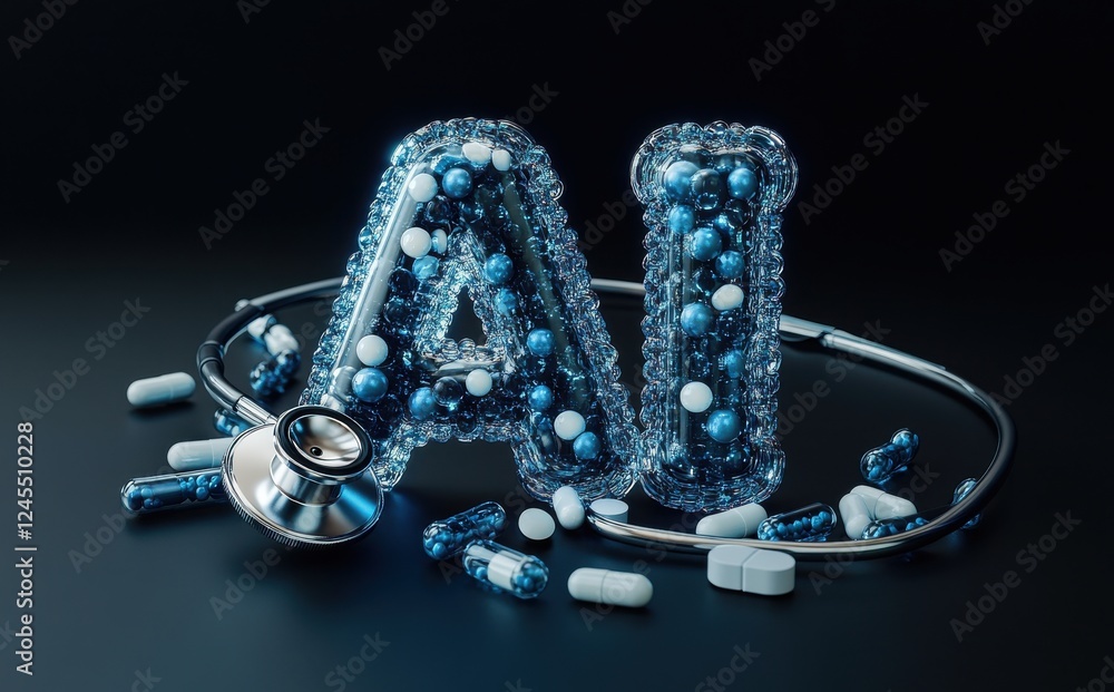 Poster concept of artificial intelligence in healthcare with colorful pills and stethoscope on dark backgro