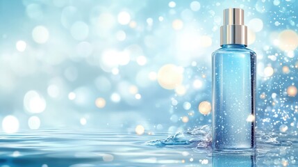 Cosmetics or skin care product ads with glass bottle,light blue and water background glittering light effect. vector design.