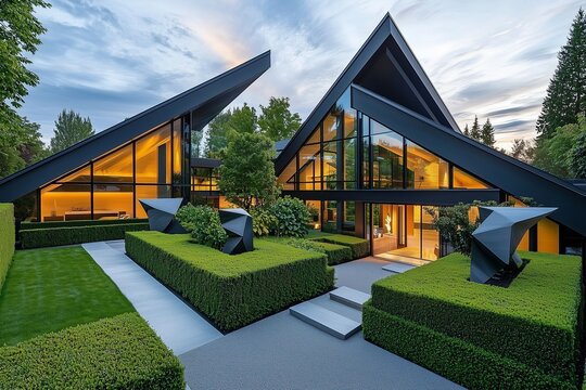 Floating second-floor balcony and sculpted greenery in a modern white villa's front yard.