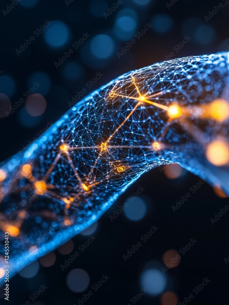 Aufkleber Futuristic Blockchain Visualization Neon Digital Nodes and Networks on Abstract Grid - Cutting-edge Tech Aesthetic for Modern Business Infrastructure and Data Solutions