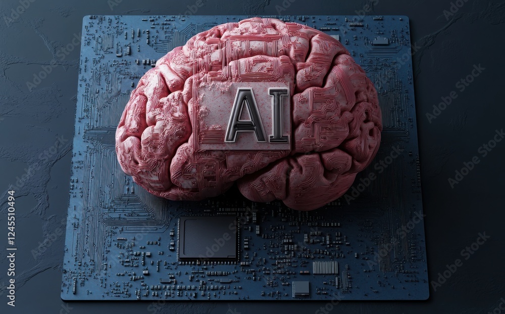 Poster conceptual illustration of artificial intelligence brain on circuit board, symbolizing the integrati