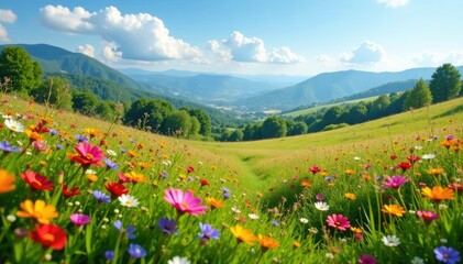 Obraz premium Mediterranean meadow landscape with wildflowers, landscape, , wildflowers