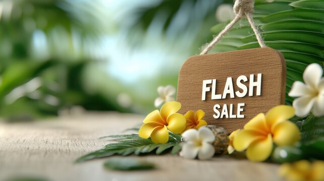 Wooden 3D engraved label with the text  FLASH SALE  surrounded by tropical yellow flowers and green foliage in a natural outdoor setting promoting a limited time discount or offer