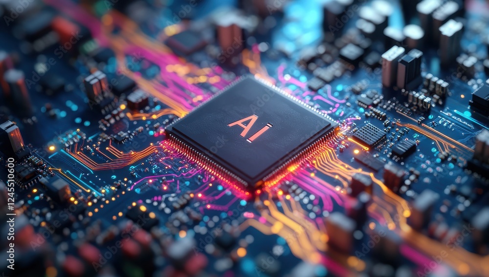 Poster conceptual representation of artificial intelligence technology with microchip and colorful circuit 