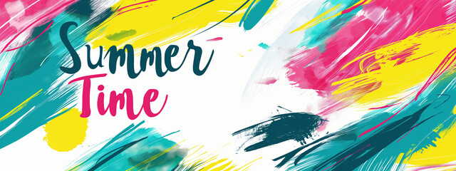 Vibrant summer time banner with abstract shapes and bold lettering perfect for warm weather events and celebrations