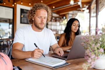 Bright Urban Workspace Young Couple Planning on Laptop with Maps and Notebook - Trendy Digital Nomad and Budget Travel Strategy for Modern Lifestyle Enthusiasts