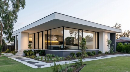 Fototapeta premium Single-story home with flat roof and geometric garden design.