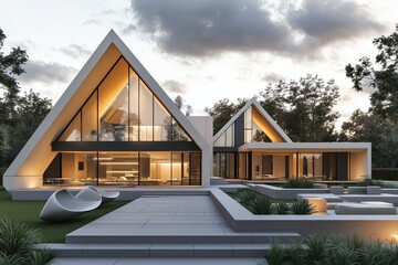 Modern home with floating sections and triangular windows, featuring a sculpted yard.