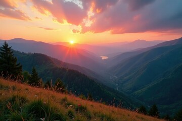 Gentle sunrise over rolling mountains and valleys, gentle, mountain