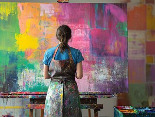 Artist wearing a paint-splattered apron, standing in a colorful studio, working on a large canvas
