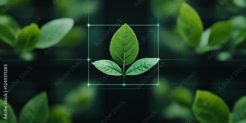Aufkleber Green Tech Interface Digital Leaf Analytics on Futuristic Background - Sustainable Innovation for Eco-Conscious Industries and Smart Environment Solutions