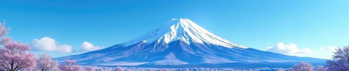 Fuji against a clear blue sky with only a few wispy clouds, sky, winter