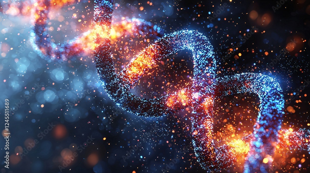 Poster abstract dna double helix structure glowing blue and orange particle background