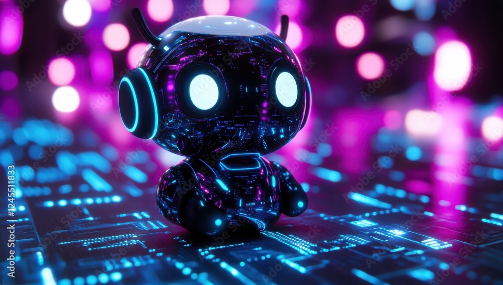 Poster cute futuristic robot character with glowing blue eyes and vibrant digital backdrop featuring neon l