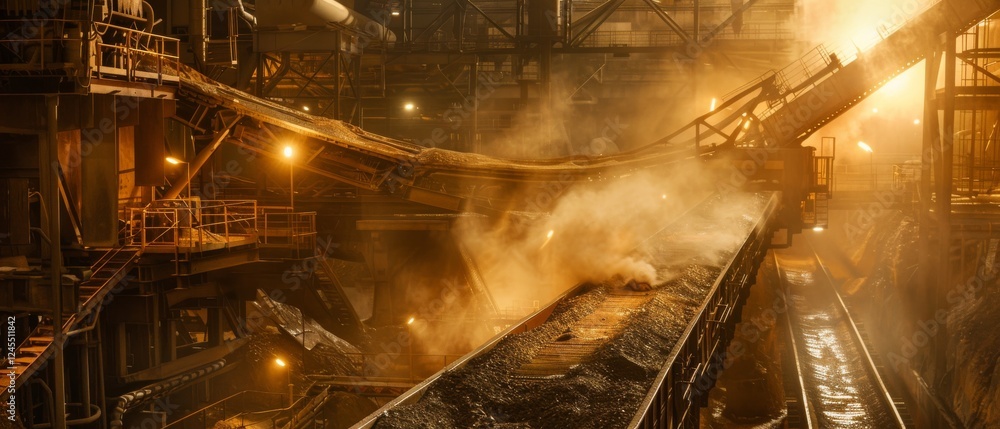 Poster industrial mining operation with conveyor belt transporting materials in a quarry scene
