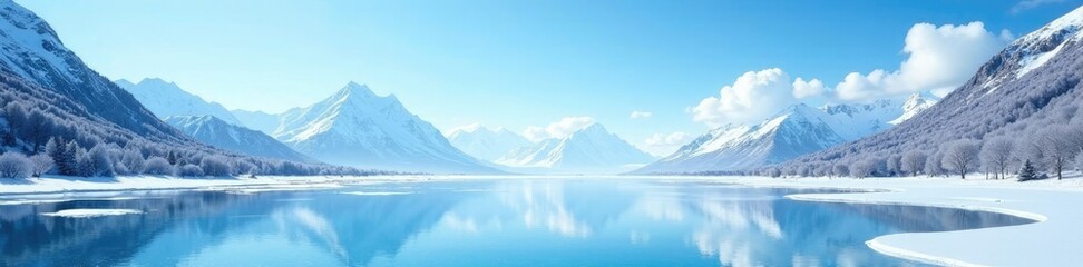 Frozen lake and snowy mountains under clear blue sky, snowy, high