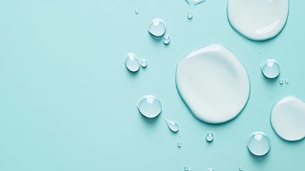 Cosmetic moisturizing liquid drops on green blue pastel background. Toner or lotion. Hyaluronic serum