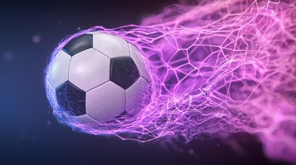 Fototapeta premium Surreal and dynamic scene of a soccer ball hitting an intense glowing energy field on a sports pitch The ball is surrounded by a powerful neon like plasma effect creating a futuristic and visual