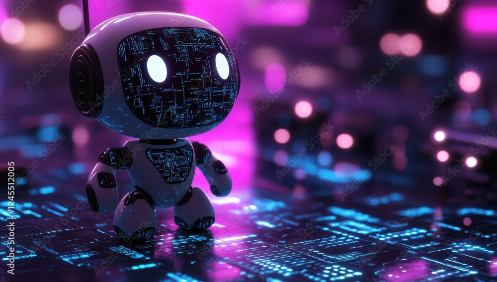 Poster cute futuristic robot on a vibrant neon circuit board background, showcasing technology and innovati