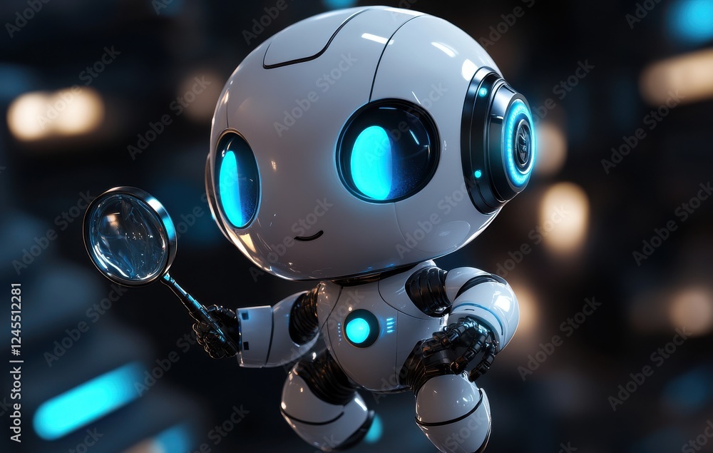 Poster cute futuristic robot with magnifying glass exploring technology and adventure in a sci-fi environme