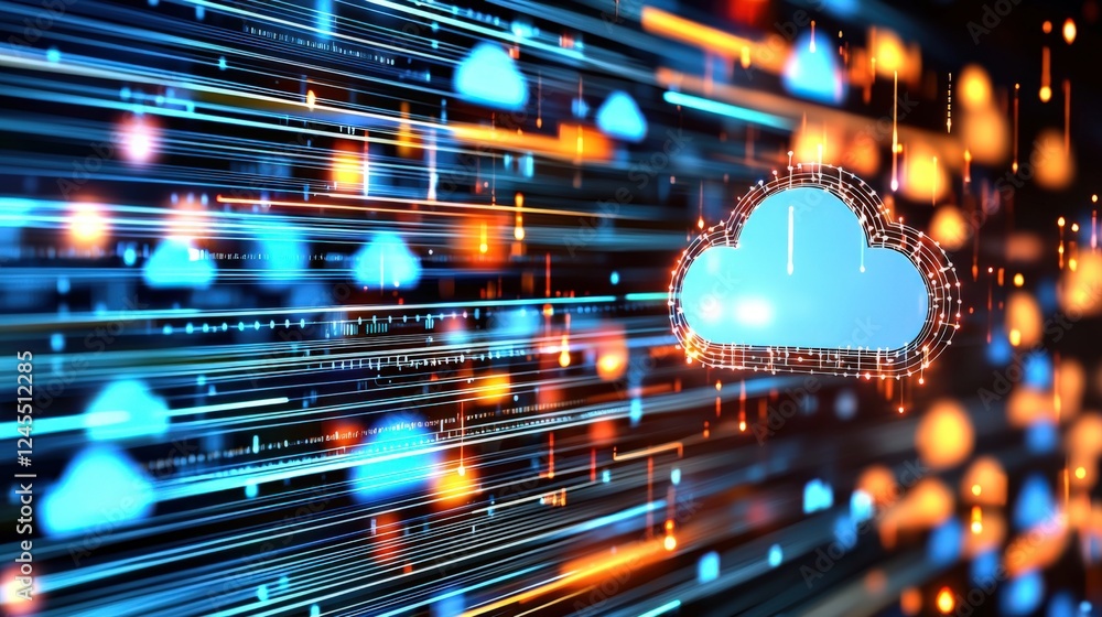 Poster dynamic cloud data transfer virtual environment digital visual abstract technology futuristic perspe