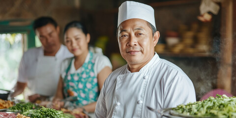 Asian Culinary Team with Chef in Traditional Kitchen Setting