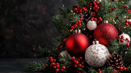 Festive Christmas ornaments, evergreen branches, background for holiday cards