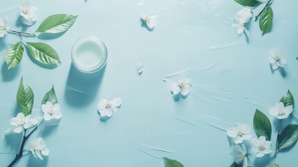 Beauty background with facial cosmetic products, leaves and cherry blossom on pastel blue desktop background. Modern spring skin care layout, top view, flat lay.