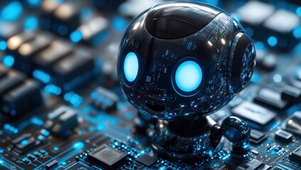 Cute robot character with glowing blue eyes stands on a futuristic circuit board, surrounded by a matrix of digital technology and electronic components