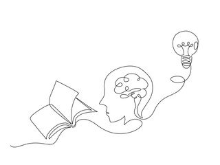 Continuous one line drawing of a book, brain, and light bulb. Concept of learning, knowledge, creativity, and ideas. Minimalist and modern line art.Vector illustration, Editable stroke