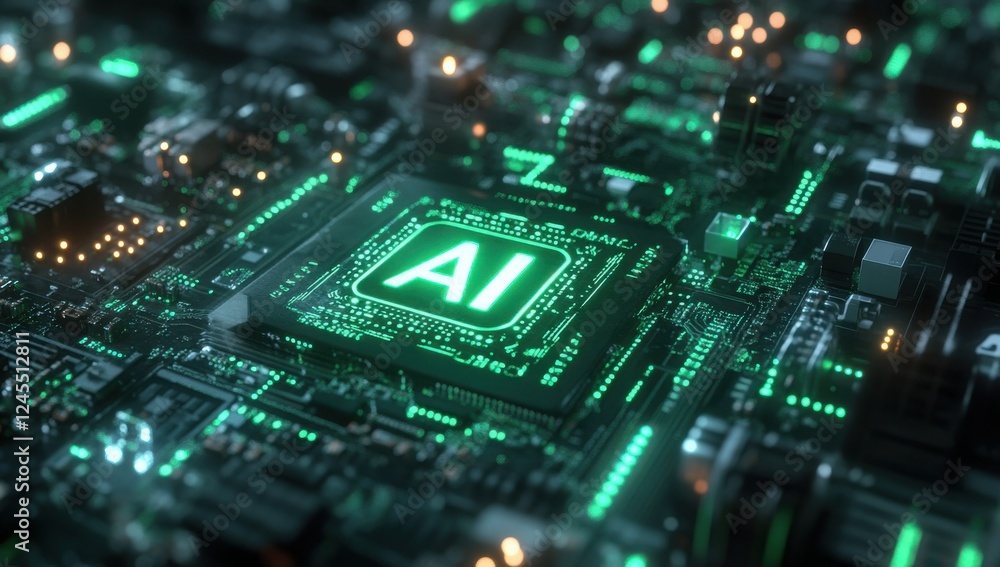 Poster detailed and futuristic close-up of ai chip on circuit board with glowing elements and advanced tech