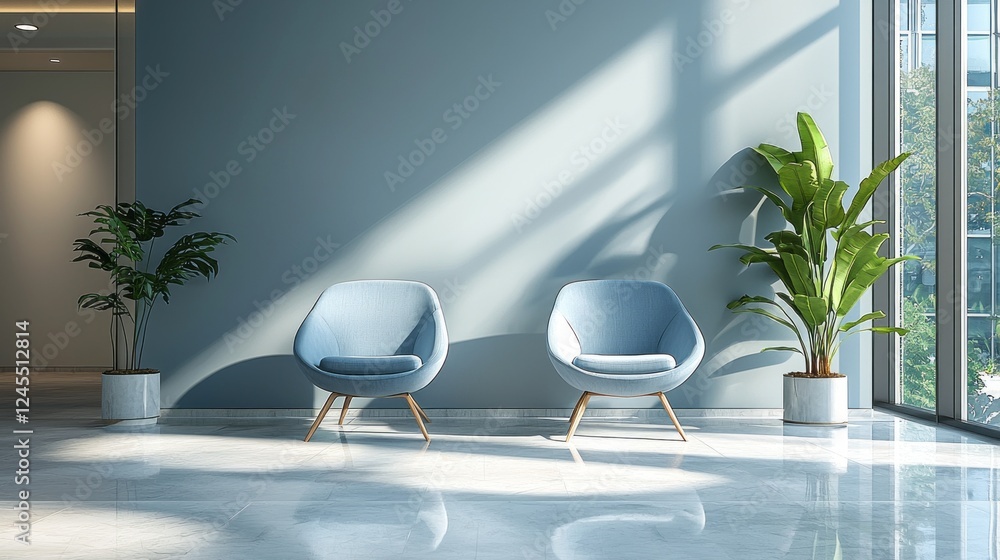 Poster sunlight floods a stylish interior featuring two soft blue chairs set against a calming gray wall. l
