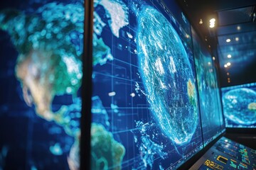 Obraz premium Research facility dedicated to climate studies, featuring modeling supercomputers and dynamic simulation displays.