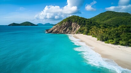 Fototapeta premium Tranquil tropical beach, clear turquoise waters gently lapping at the soft sand, lush green hills in the background, inviting paradise.