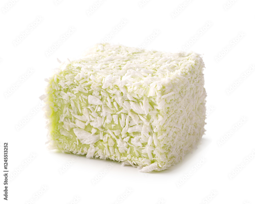 Poster delightful cube of coconut confections with a hint of lime flavor on a plain background