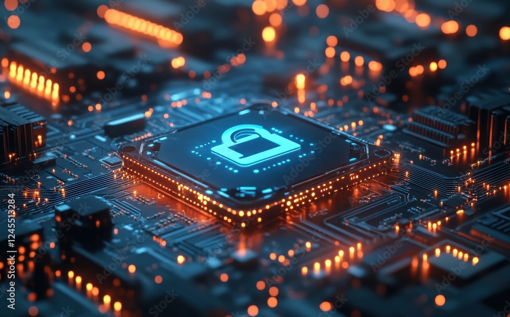 Poster digital circuit board with lock symbol representing cybersecurity in technology, data protection, an