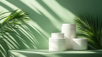 Three glossy white round cylinder podium in corrugated side, green tropical bamboo palm in sunlight, leaf shadow on wall for luxury organic beauty, cosmetic, skin care product display background 3D