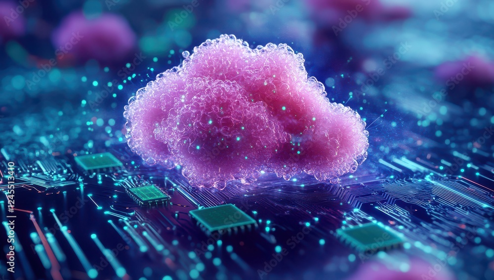 Poster digital cloud concept representing data storage on circuit board with colorful lights and textures f