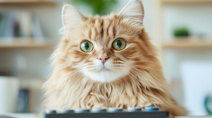 Fluffy Ginger Cat with Green Eyes Staring at Camera in Cozy Home Environment