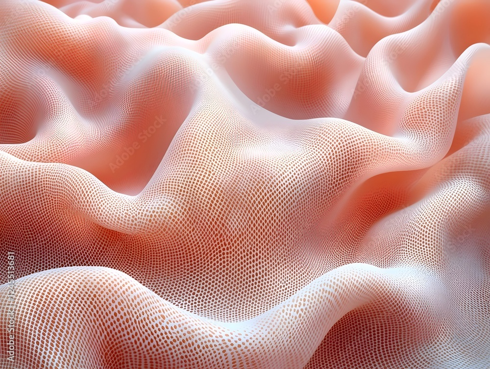 Poster an abstract close-up of soft, flowing mesh fabric in light peach tones, creating a serene, wavy text
