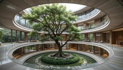 8K ultra-modern tree ring house with layered circular levels, glass partitions, and a central courtyard with a living tree.