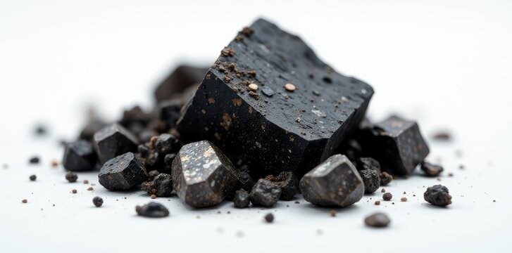 Dark mineral wolframite scattered on white background, with tiny crystals and metallic sheen, earthy tones, rare minerals
