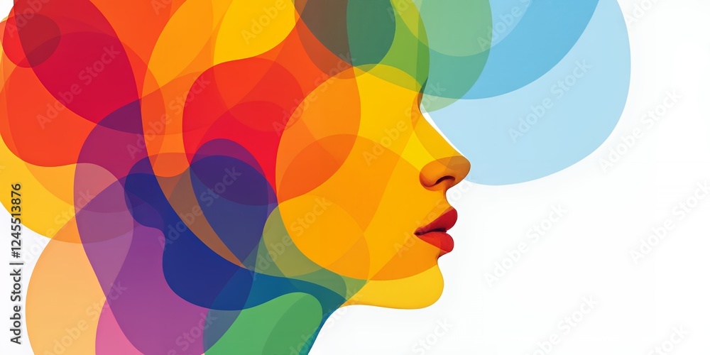 Poster vibrant abstract portrait featuring multicolored circular patterns celebrating diversity and inclusi