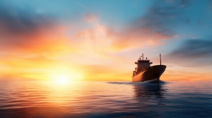 Obraz premium Silhouetted Cargo Ship Sailing on the Horizon at Dramatic Sunset Over the Open Ocean with Vibrant Sky and Waves Nautical Landscape with Serene Coastal Scenery