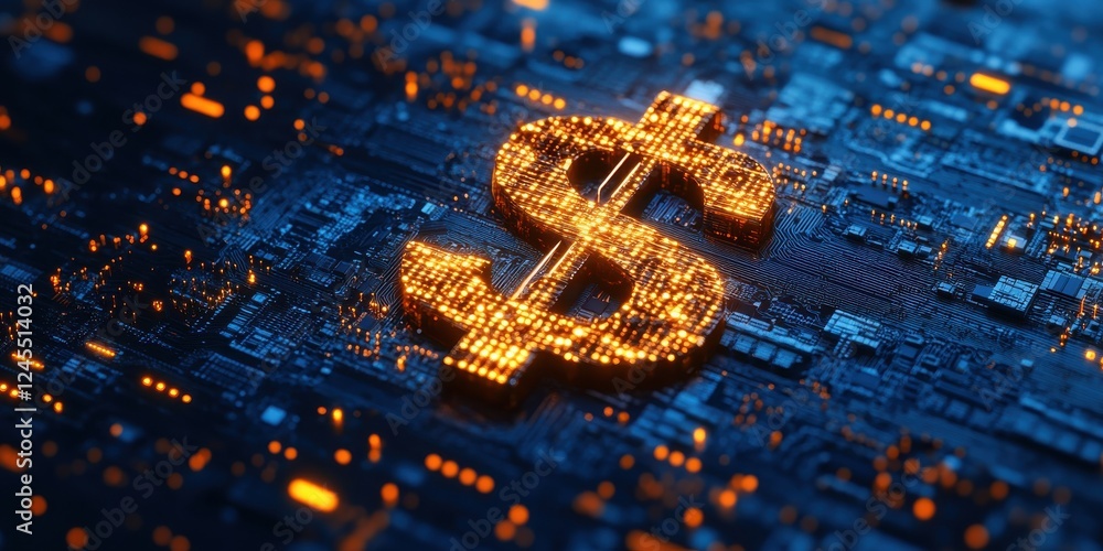 Poster digital currency concept with glowing dollar sign and futuristic circuit board background representi