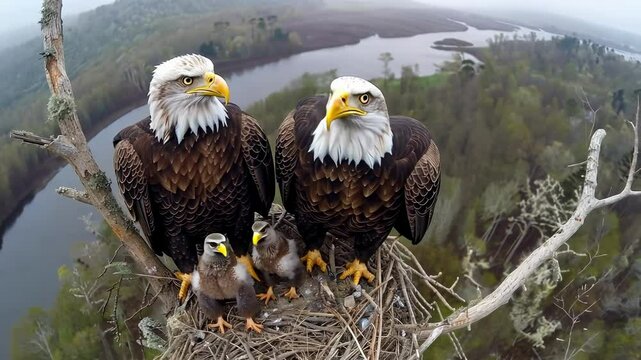 Pair Of Majestic Bald Eagles and Their Eaglets Sitting Their Nest. The Tranquil Spring Expanse Of A Forested Wetland. Biodiversity, Birdwatching, and Wildlife