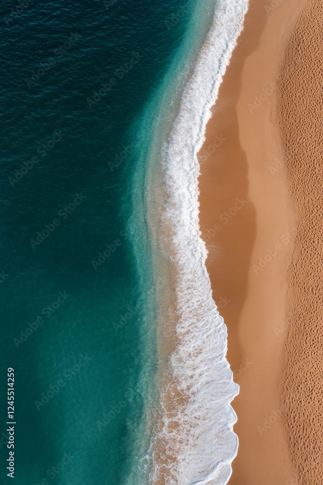 Poster dynamic coastal patterns aerial view of swirling ocean waves and textured sandy beach - modern visua