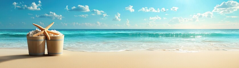 Fototapeta premium Tropical beach, two buckets, starfish, ocean view, summer vacation