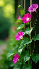 Fototapeta premium Dainty morning glory vines crawling up a trellis, morning glories, floral arrangement, nature