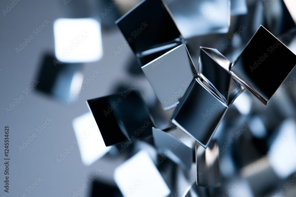 Poster Industrial Metallic Design Minimalist Chrome Cubes for Contemporary Art Installations and Modern Architectural Visualization in Tech-Driven Commercial Spaces